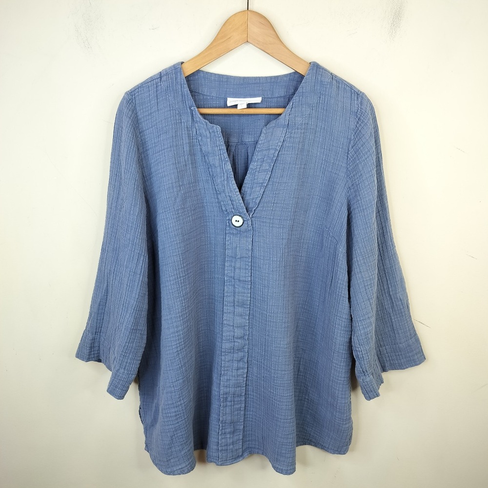 Pure J Jill Organic Cotton Gauze Top Large Split Neck Casual Coastal Blue